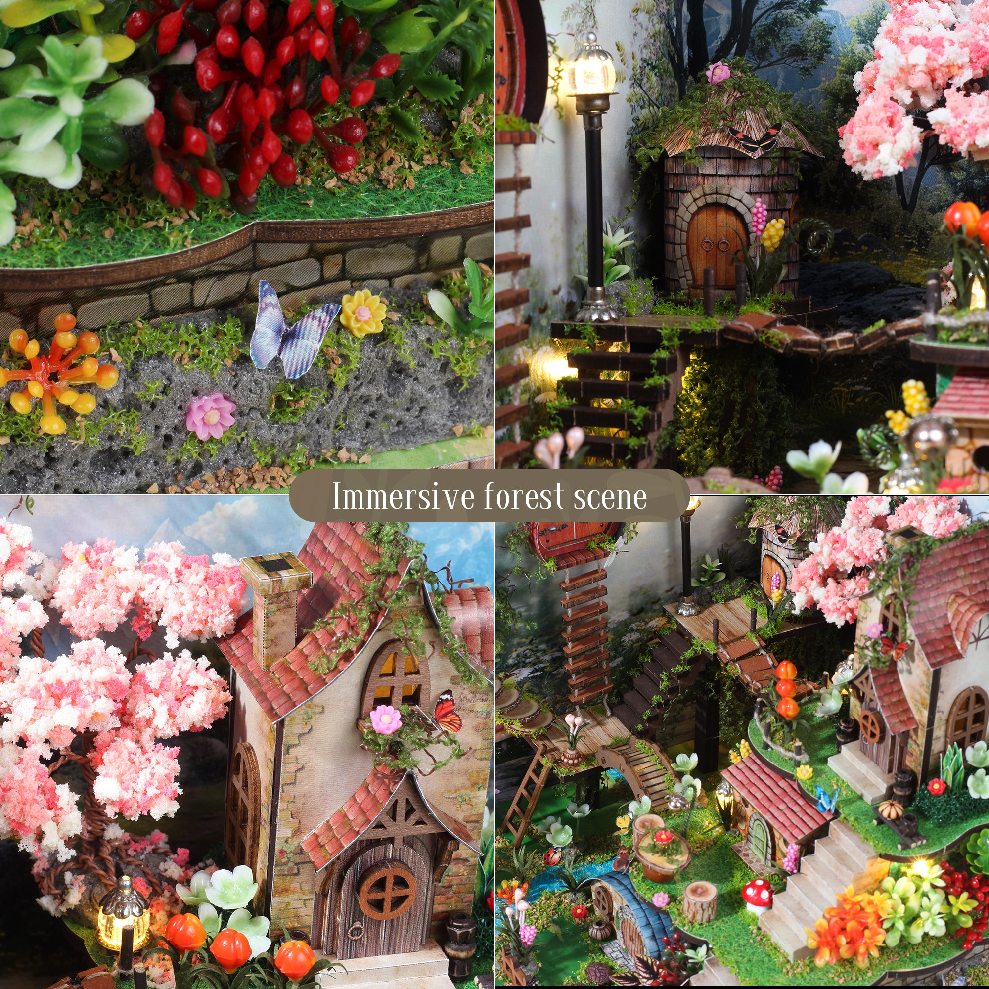 Miniature forest cabin diorama collage with colorful flower beds and staircase detail