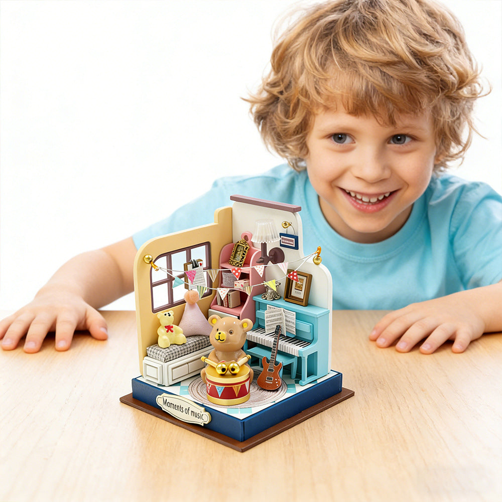 DIY Miniature Craft Kits: Tiny Music Room with lights - Teddy Bear and Piano (Wooden Puzzle Gifts)
