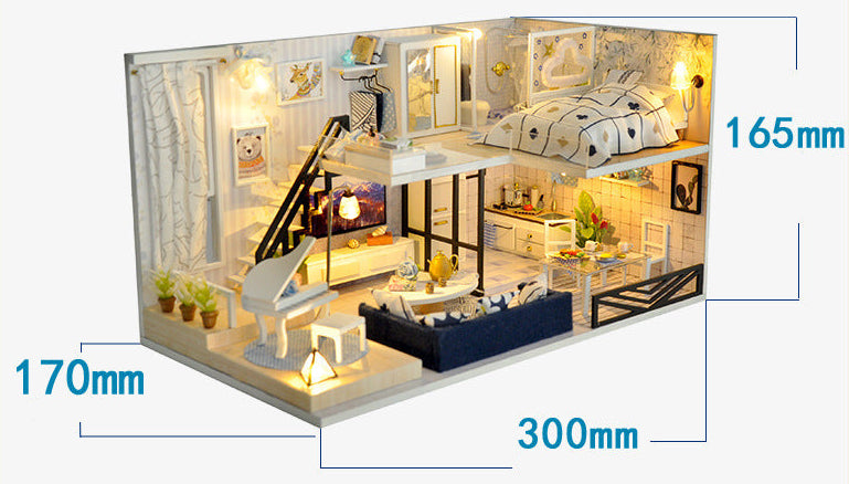Miniature dollhouse DIY kit, loft villa model size 300mm x 170mm x 165mm