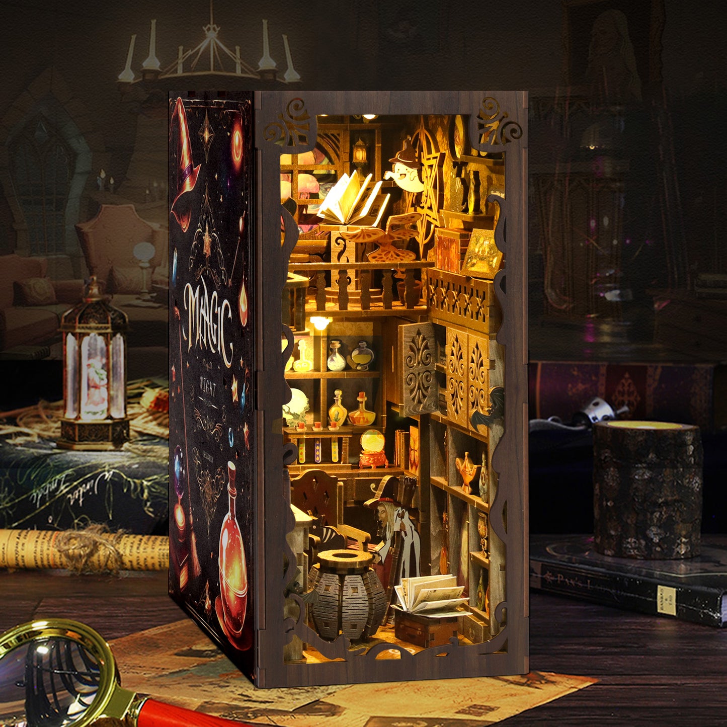 A miniature diorama depicting a magical room filled with various objects, including books, vases, and other fantastical items, illuminated by a warm glow.