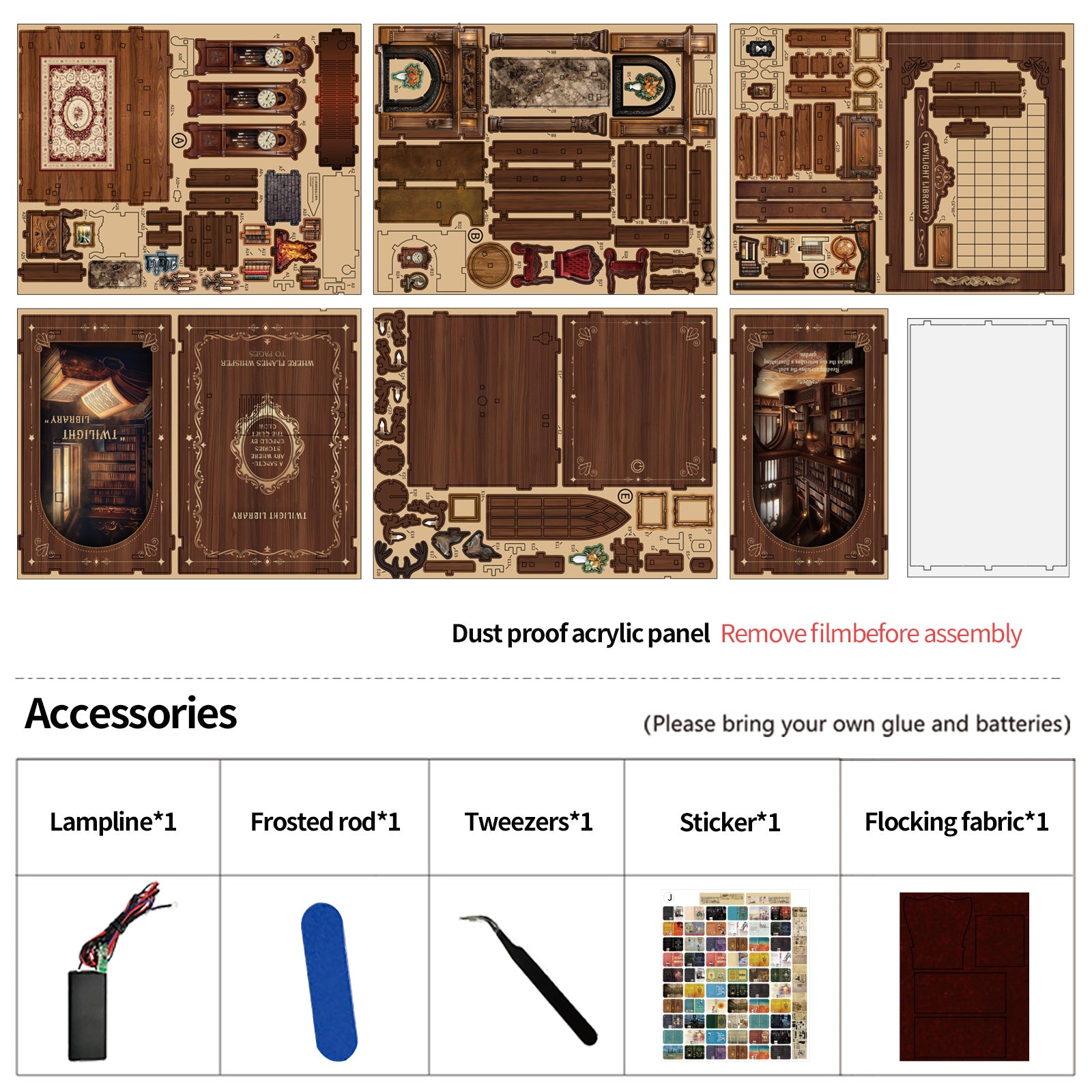 DIY miniatures kit accessory tray with lamp, rods, tweezers, sticker sheet, flocking fabric