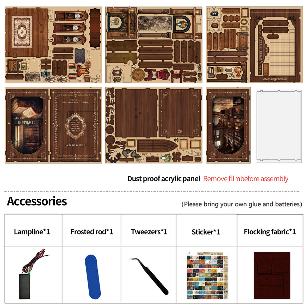 DIY miniatures kit accessory tray with lamp, rods, tweezers, sticker sheet, flocking fabric