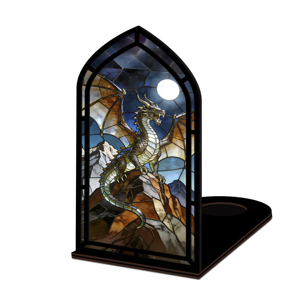 Arched stained-glass book nook with dragon artwork and small circular light window
