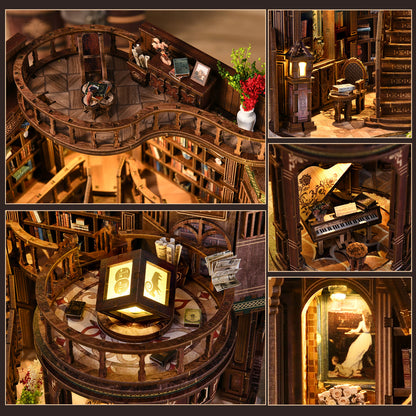 The image is a collage of five photos depicting a miniature library with various bookshelves, a piano, and a woman in a white dress.