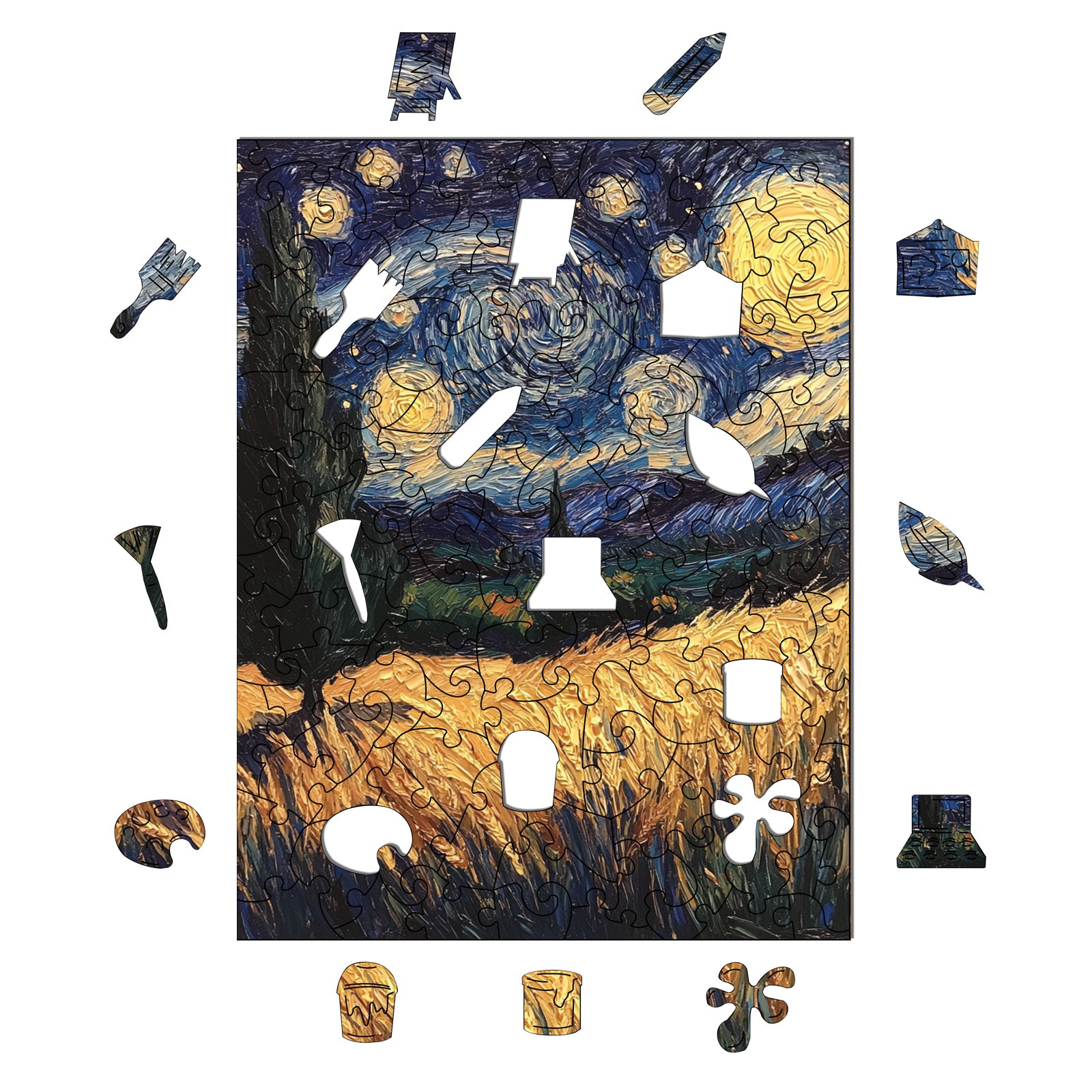 The image is a collage of various puzzle pieces that fit together to form a painting of a night sky with stars and a landscape.