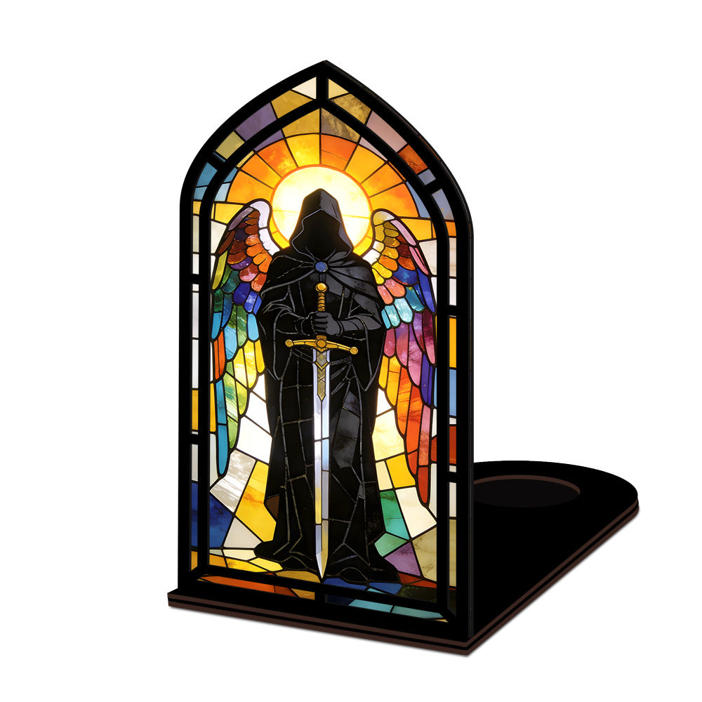 Stained-glass arched book nook display with hooded knight holding sword, on black tray