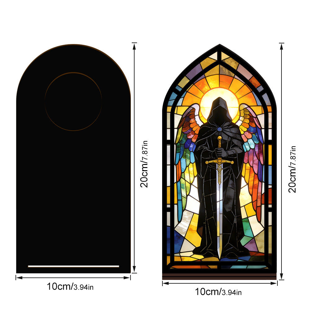 Stained glass book nook with arched window and central guardian figure