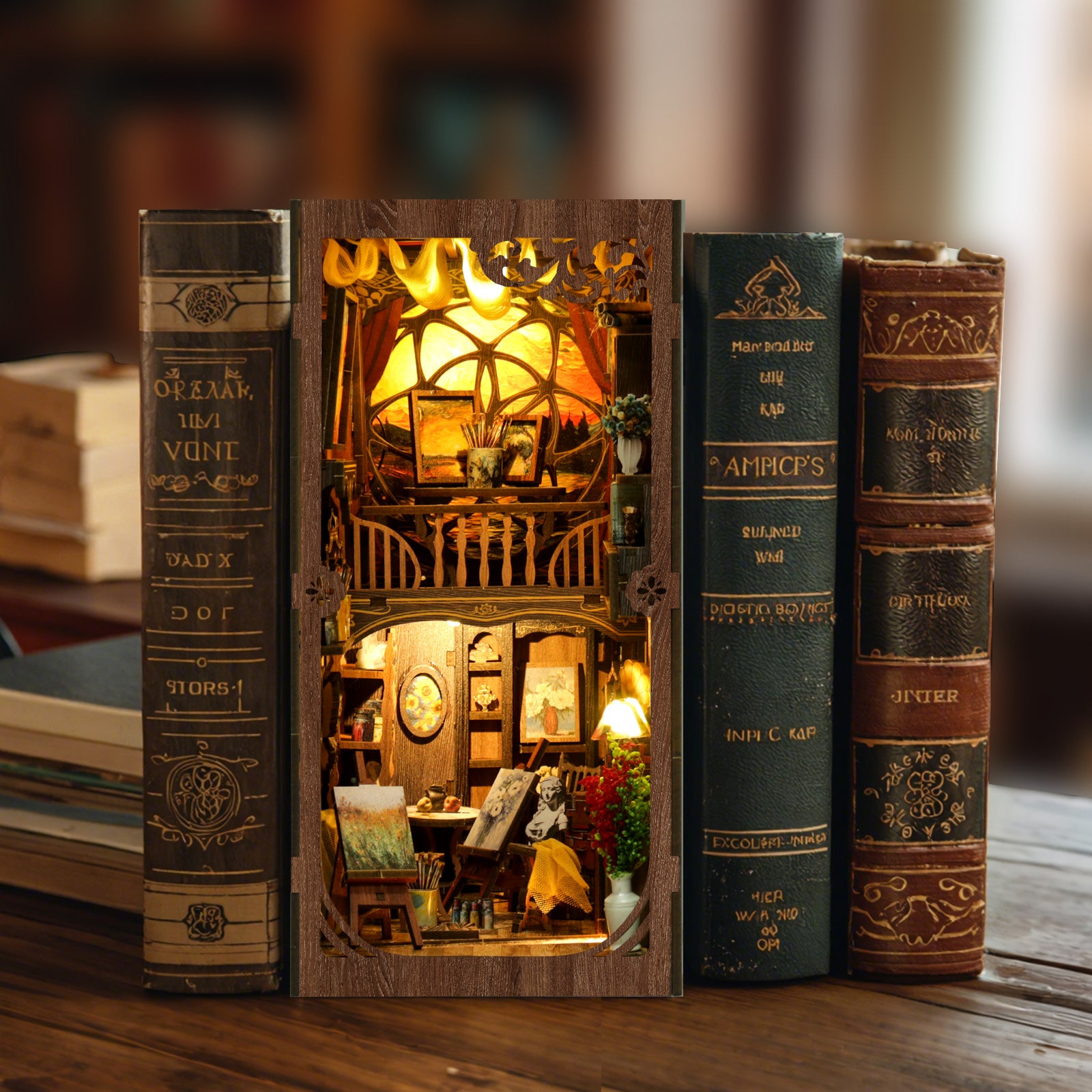 A miniature wooden house with a small window and a lamp inside, surrounded by three old books on a wooden surface.