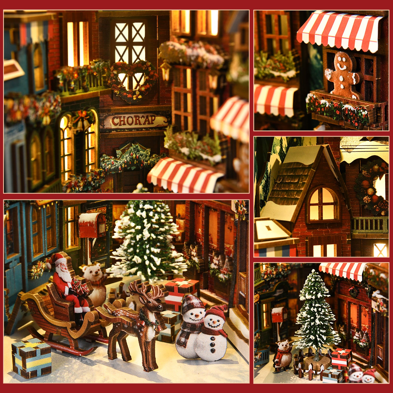 The image is a collage of various Christmas-themed scenes, including a miniature model of a town, a gingerbread man, a Santa Claus sleigh, a snowman, and a Christmas tree.