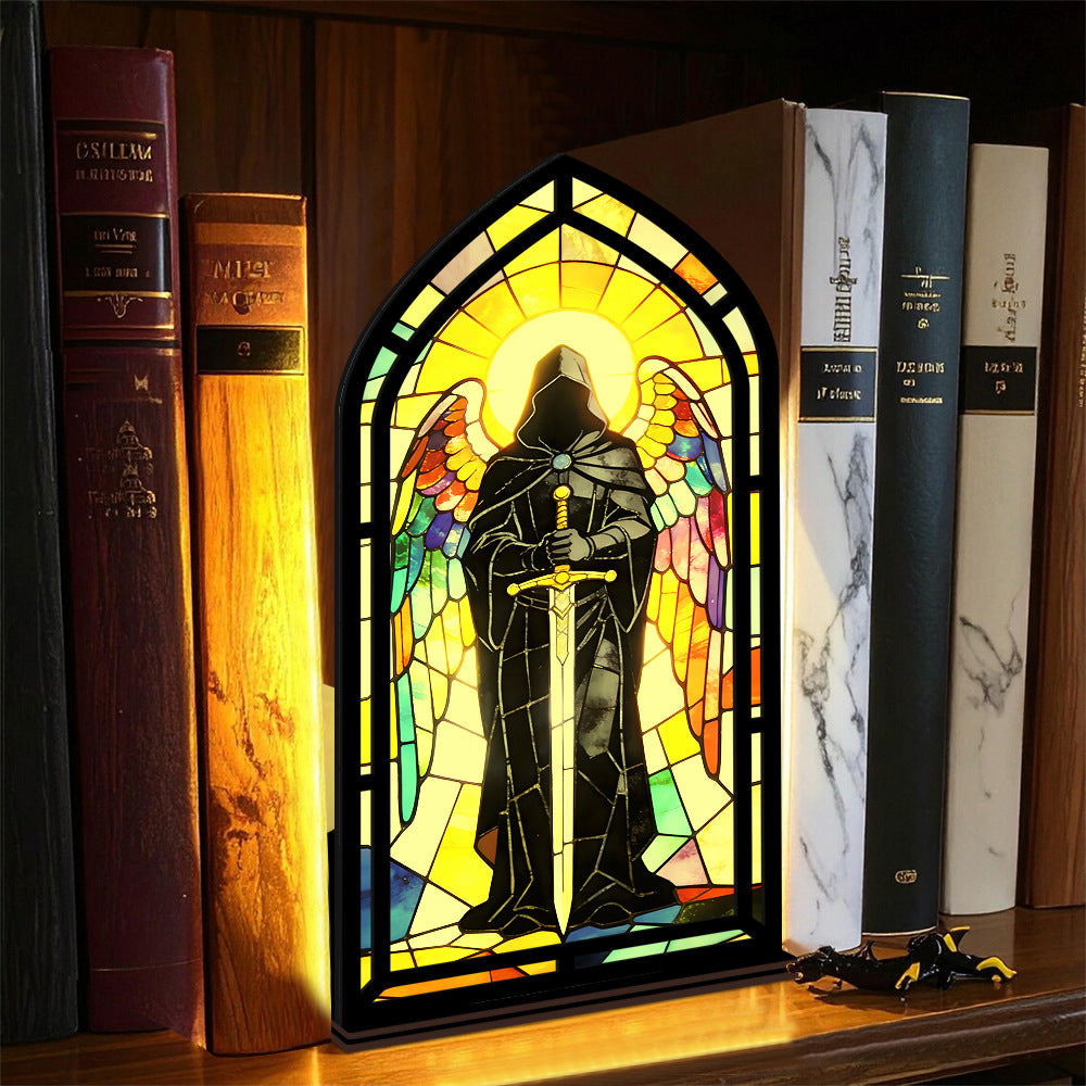 Stained-glass arched book nook display with hooded knight and sword, glowing on black base