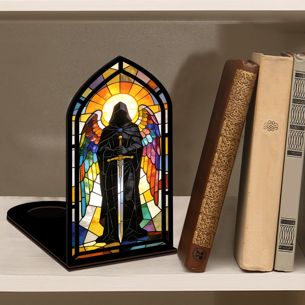 Stained-glass arched book nook display with hooded knight figure on black stand