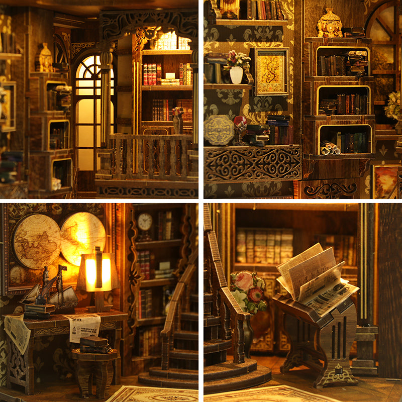 Antique book collection room kit close-ups, warm lamps, books, fireplace, ornate shelves