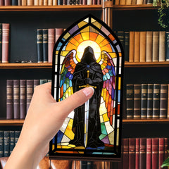 Stained-glass arched book nook display with hooded knight figure, front held by hand