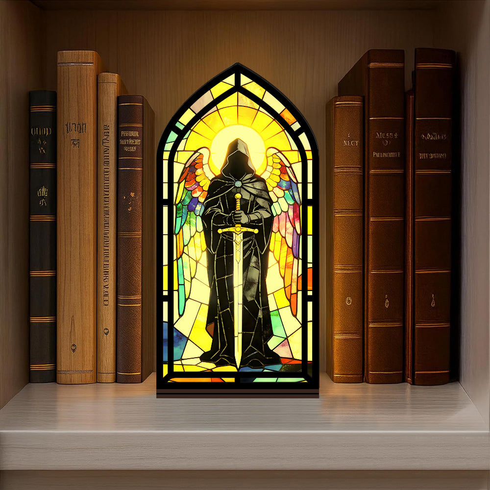 Stained-glass arched book nook display with hooded knight holding sword, upright on base