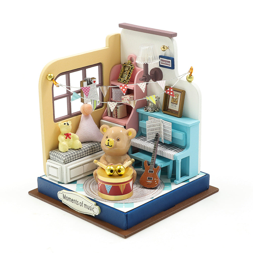 DIY Miniature Craft Kits: Tiny Music Room with lights - Teddy Bear and Piano (Wooden Puzzle Gifts)