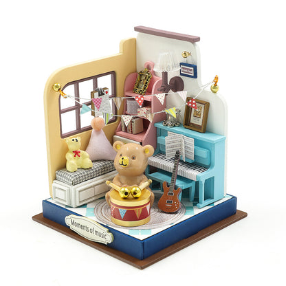 DIY Miniature Craft Kits: Tiny Music Room with lights - Teddy Bear and Piano (Wooden Puzzle Gifts)