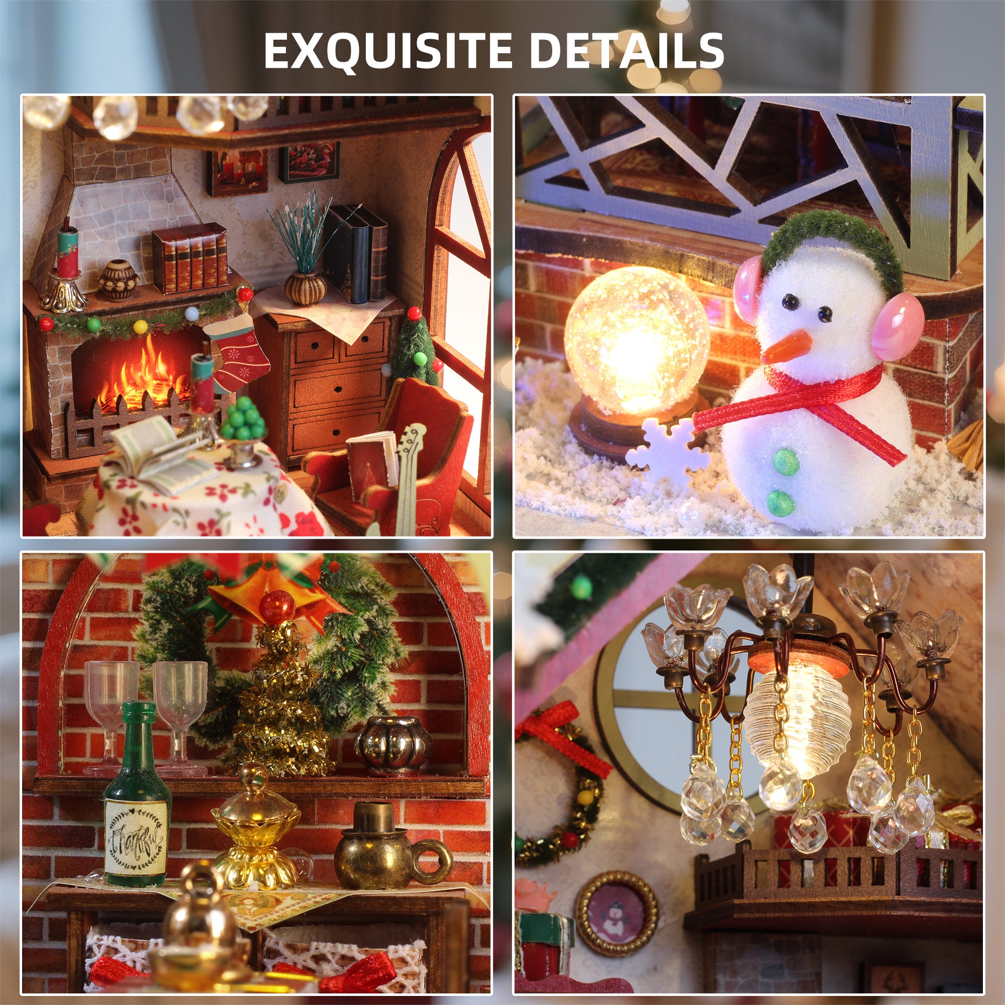 Christmas miniature dollhouse details set with lit lanterns, tree, and snow accents