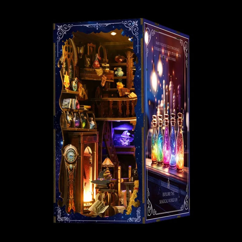 The image is a detailed miniature diorama depicting a fantastical, magical world with various objects and structures, including a clock, books, and bottles with glowing liquids.