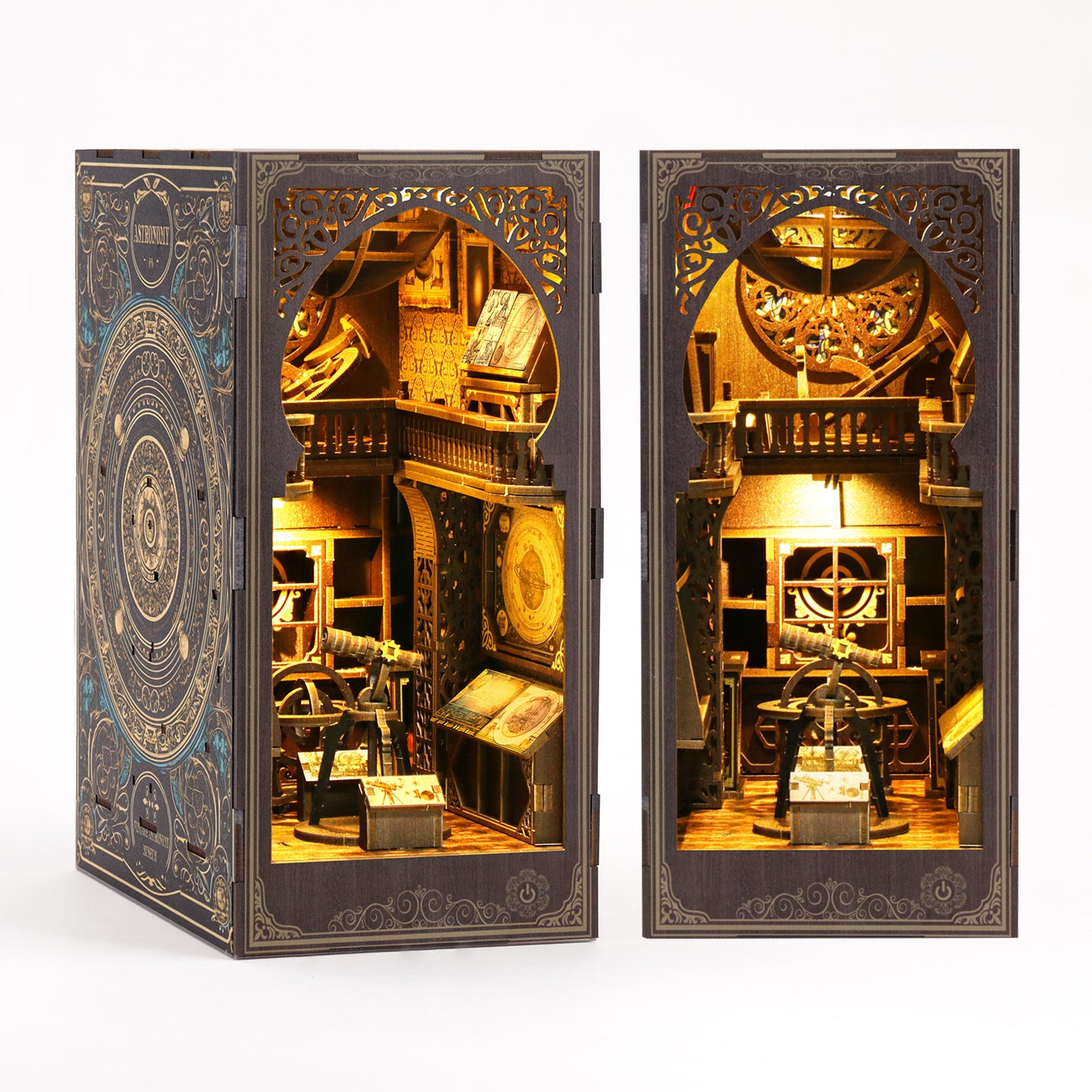 a miniature diorama or model of a room with various objects, including a clock, books, and other decorative elements, all illuminated by a warm, golden light.