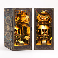 Astronomy DIY book nook kit, open cabinet with layered telescope and bookshelves