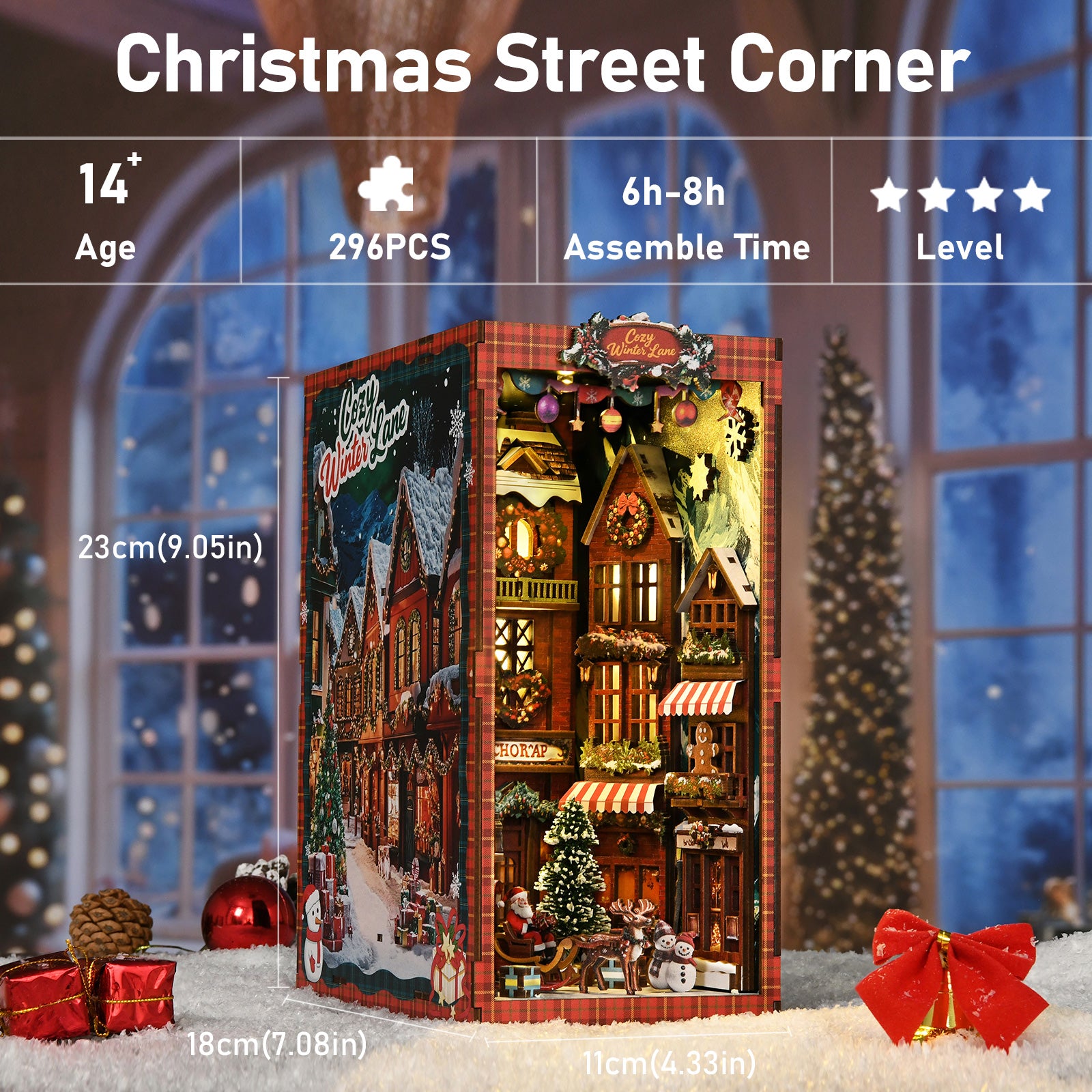 DIY book nook kit box featuring Christmas street corner miniature buildings and trees