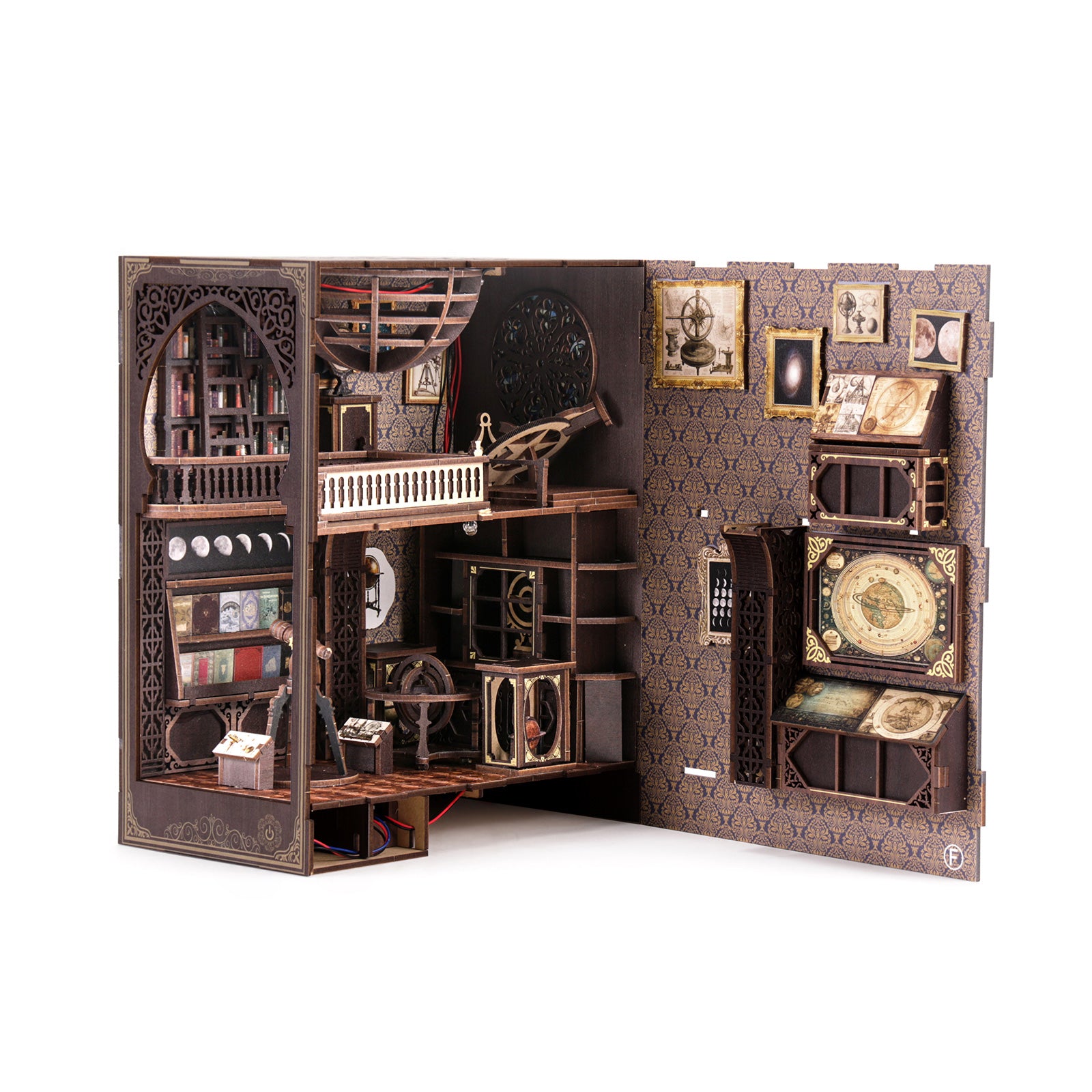 Astronomy DIY book nook kit, interior of open cabinet with books, telescope, and clock