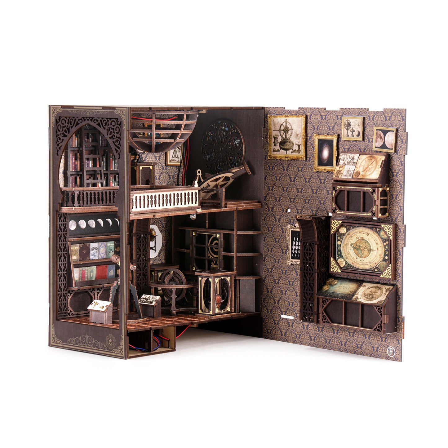 The image is a detailed miniature model of a room, featuring various objects such as books, clocks, and other decorative elements. The room appears to be a library or study room, with a clock and other timekeeping devices visible. The overall design and arrangement of the objects create a sense of depth and complexity, making the scene appear intricate and detailed.