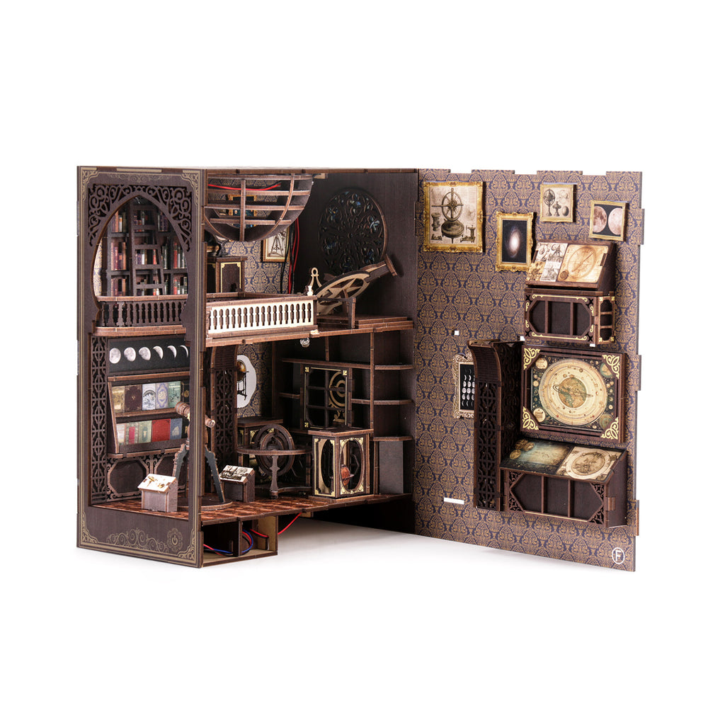 Astronomy DIY book nook kit, interior of open cabinet with books, telescope, and clock