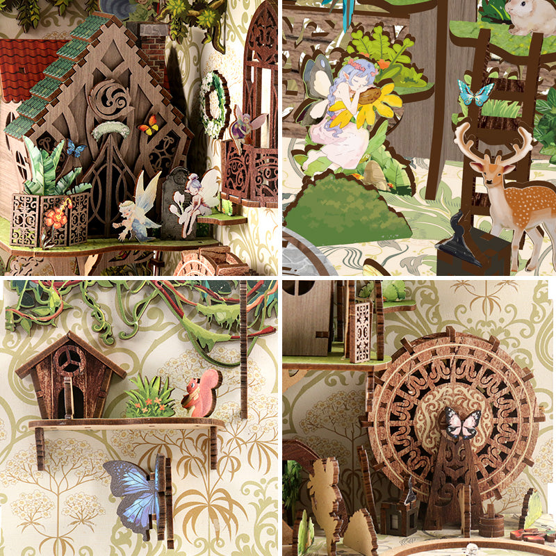 The image is a collage of four different scenes, each featuring various elements such as a wooden house, a fairy, a deer, and a wheel.