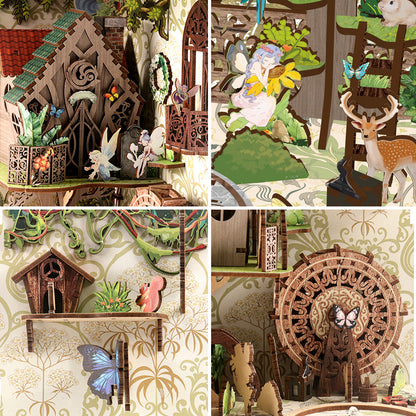 The image is a collage of four different scenes, each featuring various elements such as a wooden house, a fairy, a deer, and a wheel.