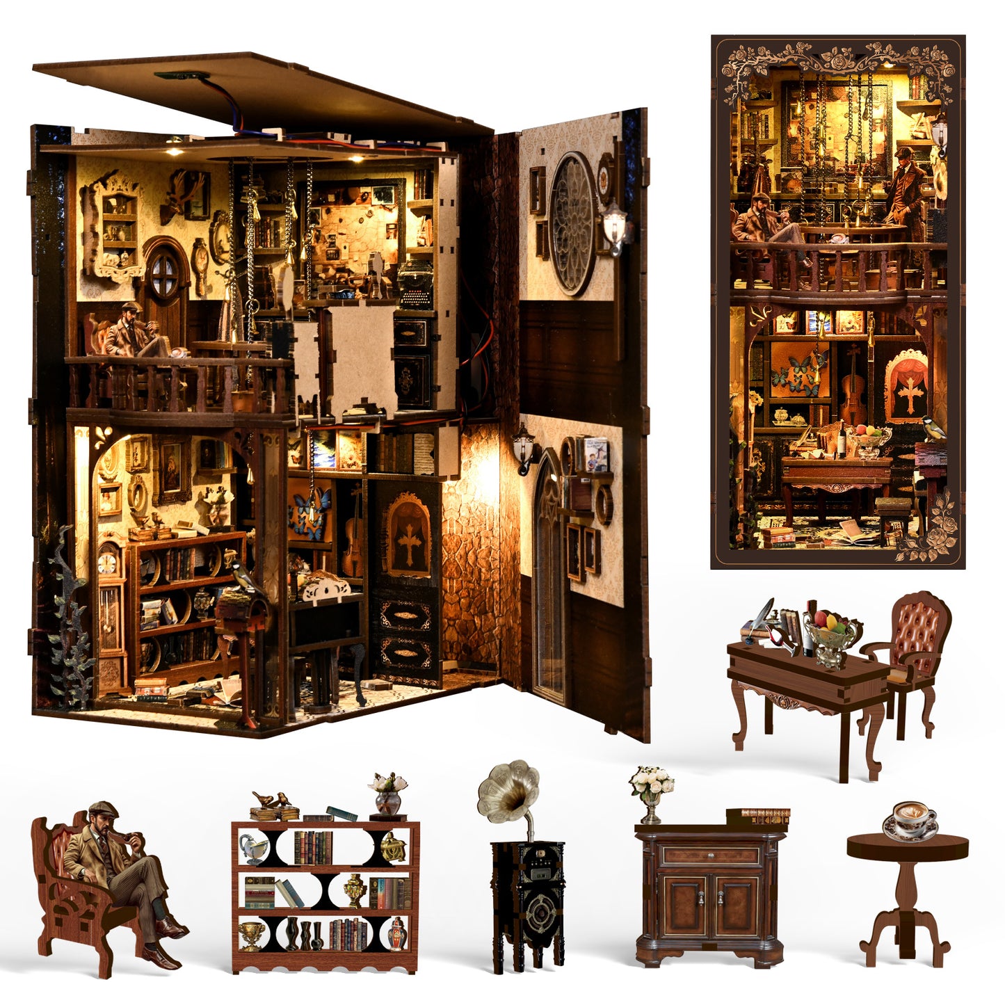 The image is a collage of various antique and vintage items, including a miniature dollhouse, antique furniture, and other decorative objects.
