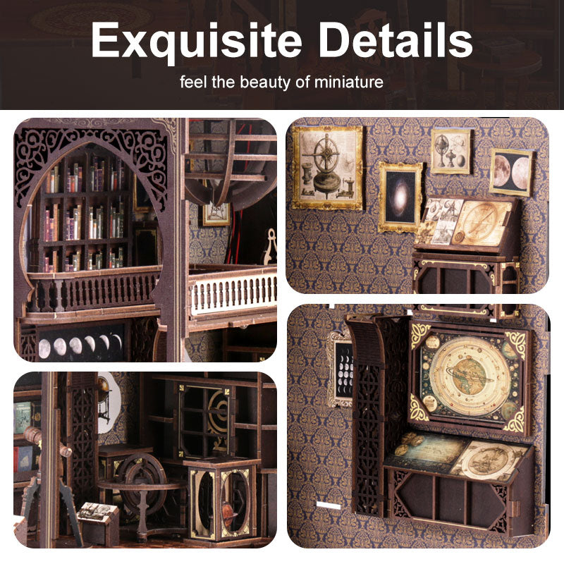 The image is a collage of four photographs depicting various intricate and detailed miniature furniture pieces, such as a bookshelf, a desk, a cabinet, and a clock. The photographs showcase the craftsmanship and attention to detail in the miniature furniture, highlighting the beauty of the tiny world.