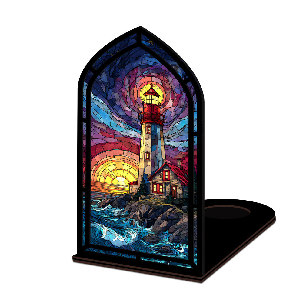 Coastal lighthouse book nook with stained-glass lighthouse panel, arched front