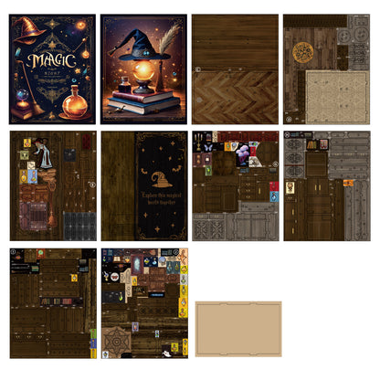 The image is a collage of various elements related to the concept of "Magic Night", including a witch's hat, a lamp, books, and a wooden floor.