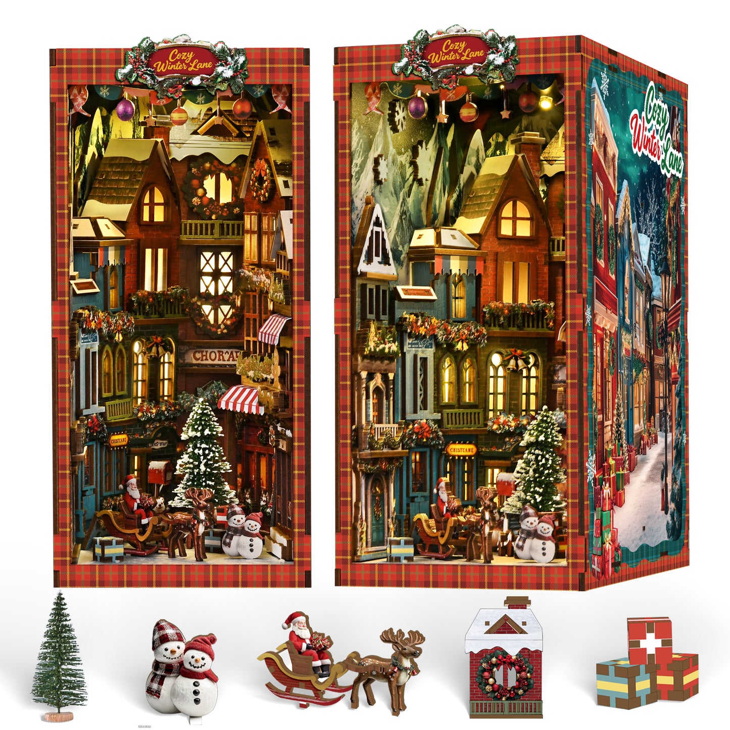 The image is a collage of two scenes depicting a winter village with Christmas decorations, including a Christmas tree, Santa Claus, and other holiday-themed elements.