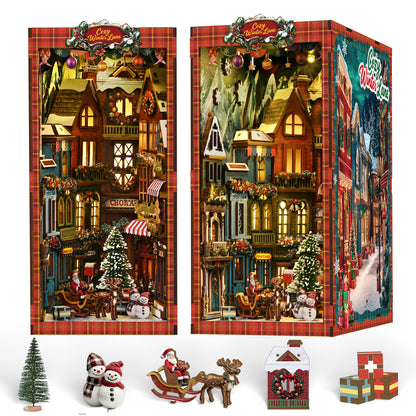 The image is a collage of two scenes depicting a winter village with Christmas decorations, including a Christmas tree, Santa Claus, and other holiday-themed elements.