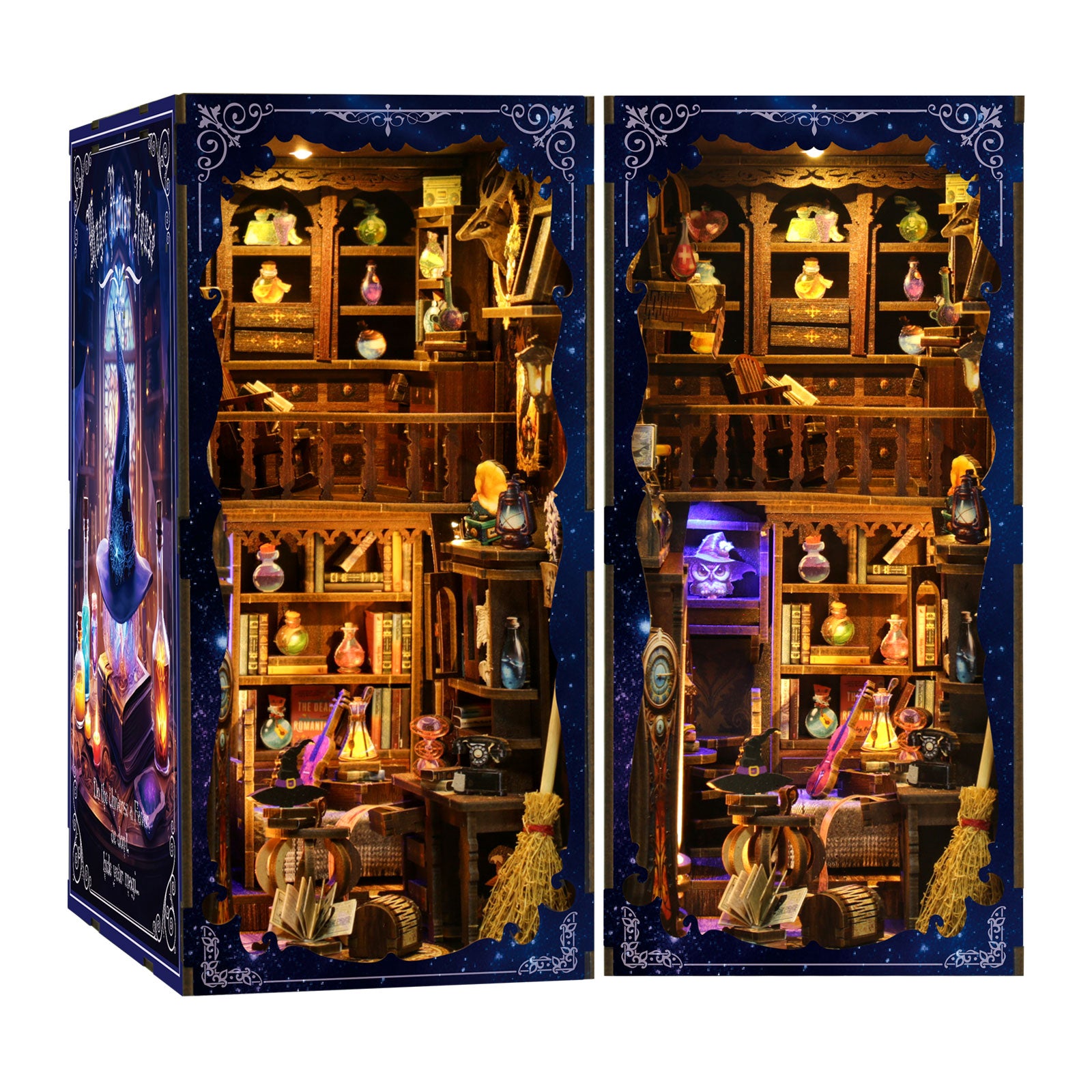 The image is a detailed diorama depicting a room filled with various objects, including shelves, vases, and other decorative items, all illuminated by a warm, glowing light.