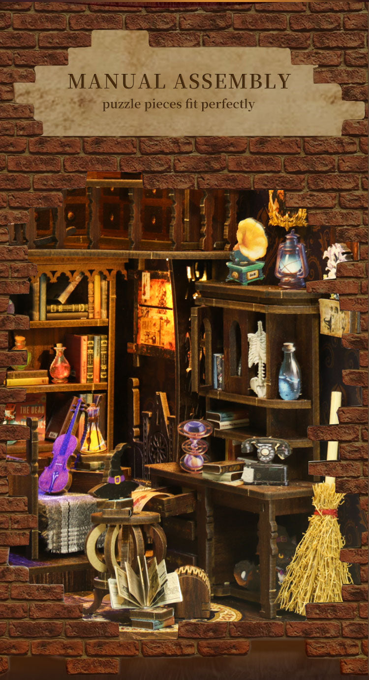 The image is a collage of various objects, including a bookshelf, a desk, a lamp, and a clock, arranged against a brick wall background.