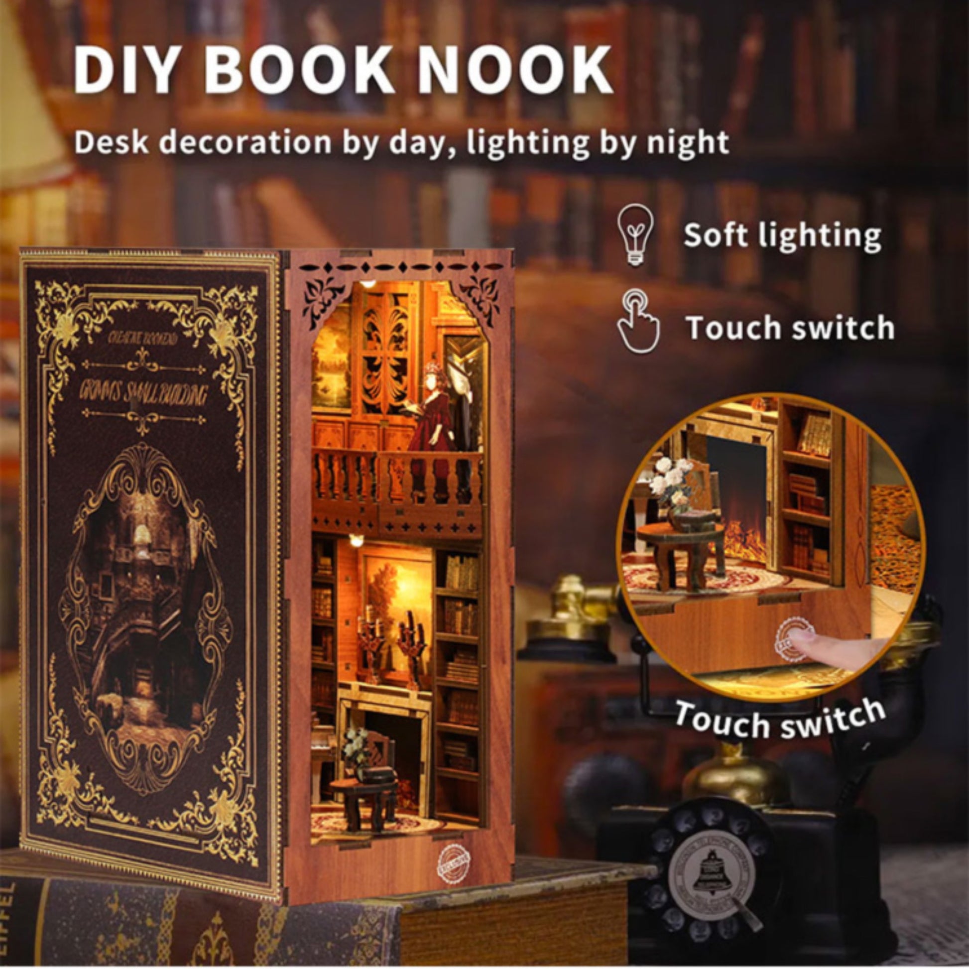 The image is a product description and a DIY book nook for a Gein House. It features a detailed description of the product, including its type number, dimensions, and quantity. The image also showcases a close-up of the Gein House, highlighting its intricate design and craftsmanship. The DIY book nook is designed to be used by night, with features such as soft lighting and a touch switch for easy control.