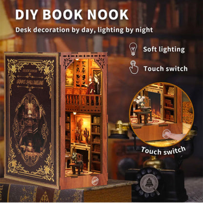 The image is a product description and a DIY book nook for a Gein House. It features a detailed description of the product, including its type number, dimensions, and quantity. The image also showcases a close-up of the Gein House, highlighting its intricate design and craftsmanship. The DIY book nook is designed to be used by night, with features such as soft lighting and a touch switch for easy control.