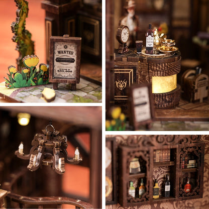 The image is a collage of three photos featuring various objects, including a wooden sign, a wooden shelf with bottles, and a wooden structure with a cactus.