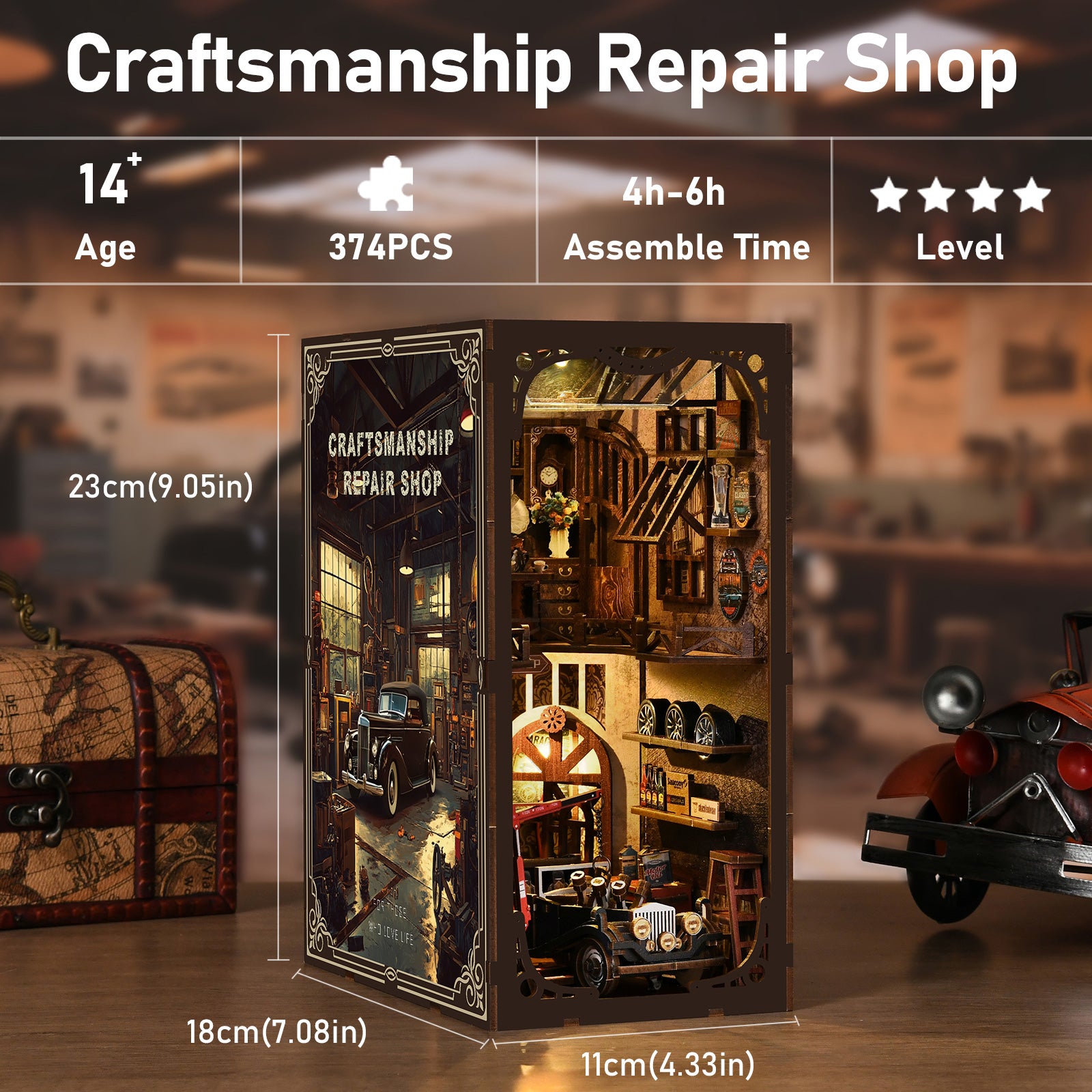 The image is a detailed miniature diorama of a craftsman's workshop, featuring various tools and equipment such as a car, a clock, and a chest. The diorama is set against a backdrop of a wooden structure, and the image includes text providing information about the diorama, including its age, size, and assembly time.