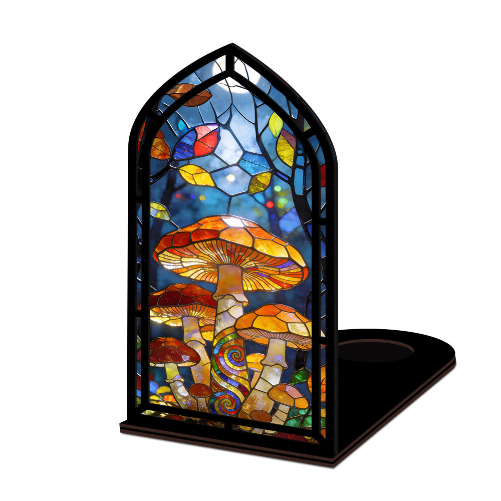 Mushroom stained-glass book nook with arched black frame, mushroom scene panel, and base