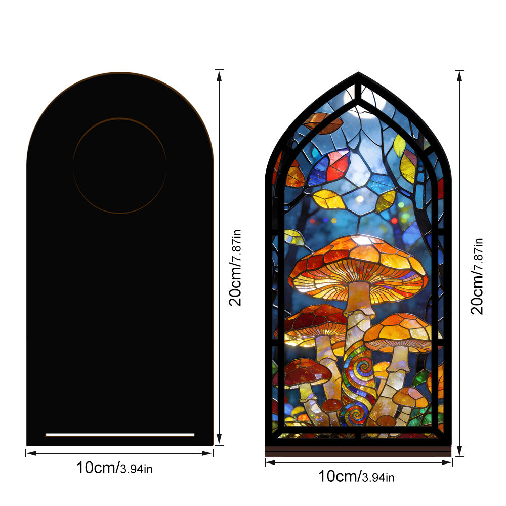 Mushroom stained-glass book nook size diagram with arched black frame and mushroom panel