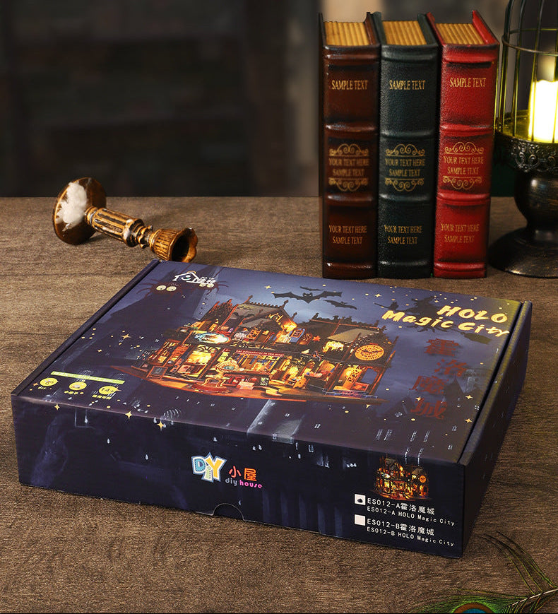 DIY miniature house kit box with illustrated cyberpunk city artwork and book-like spines