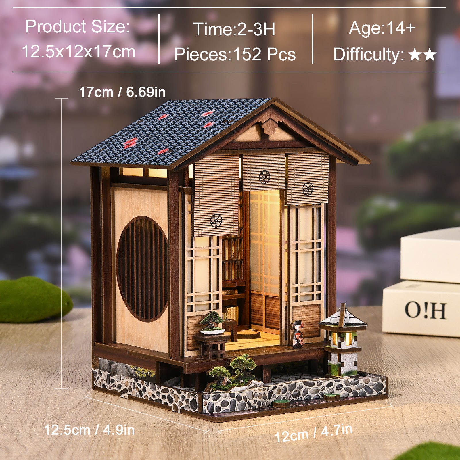 Wooden mini book nook house with lantern porch and illuminated interior, product size shown