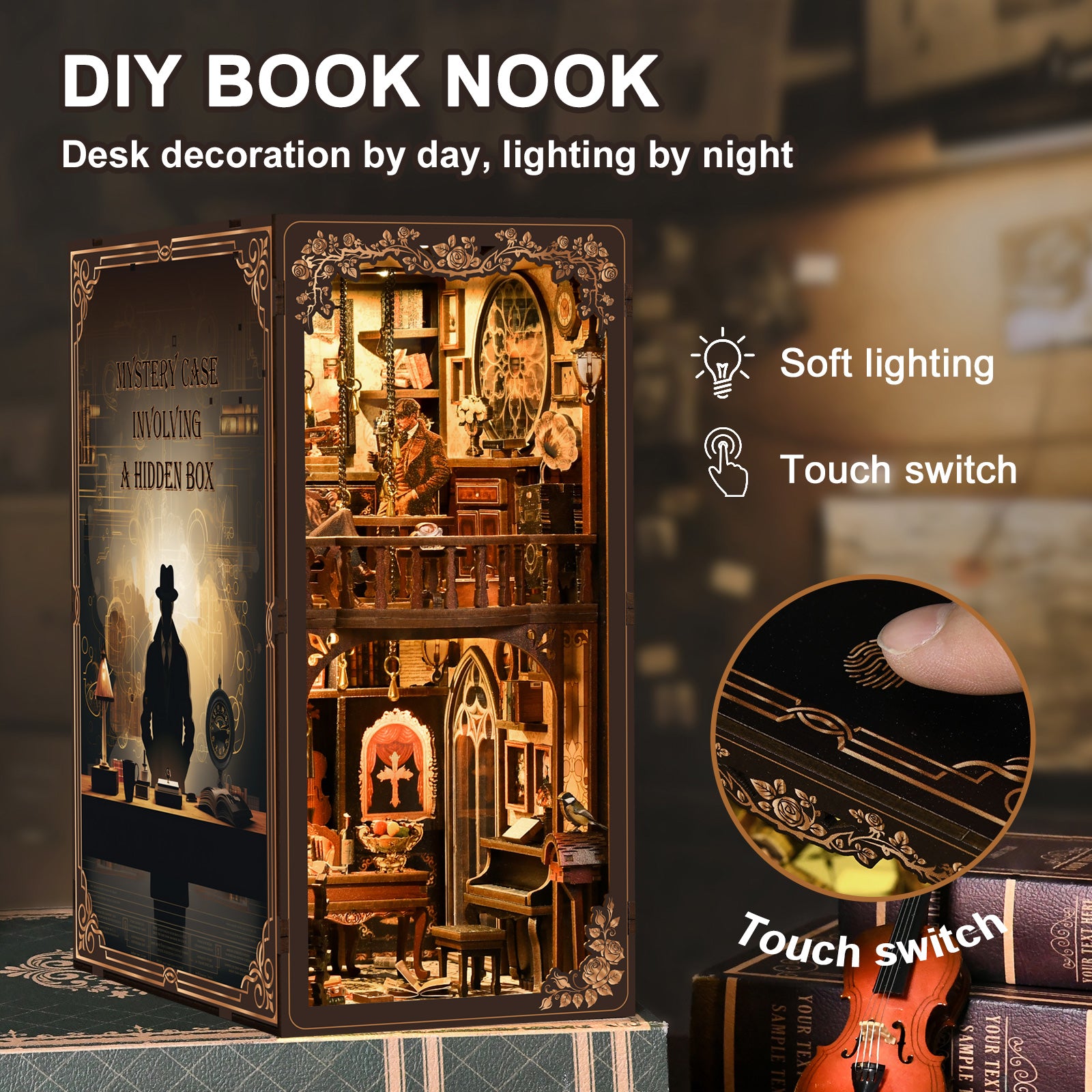 The image is a DIY book nook, a miniature model of a desk with various decorative elements and a small clock. The nook is designed to be used by touch, with a touch switch visible. The nook is described as a desk decoration by day and lighting by night, and it features soft lighting and a touch switch. The nook is also described as a "mystery case" and a "hiding box", suggesting it is a creative and imaginative piece.