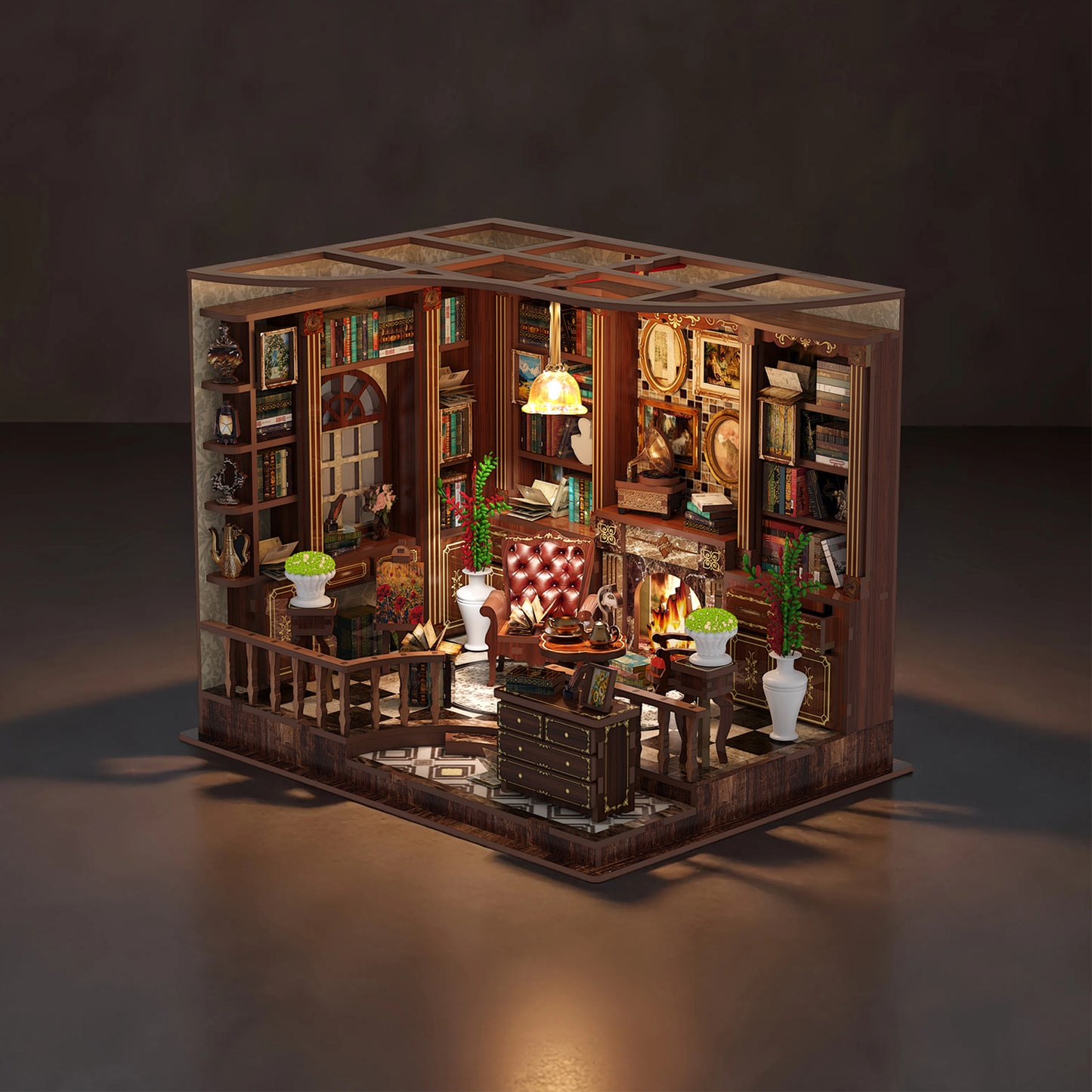 A detailed 3D model of a miniature library or study room, featuring a variety of bookshelves, a fireplace, and a comfortable chair.