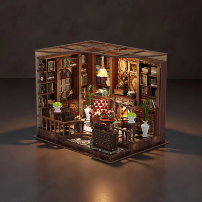 A detailed 3D model of a miniature library or study room, featuring a variety of bookshelves, a fireplace, and a comfortable chair.