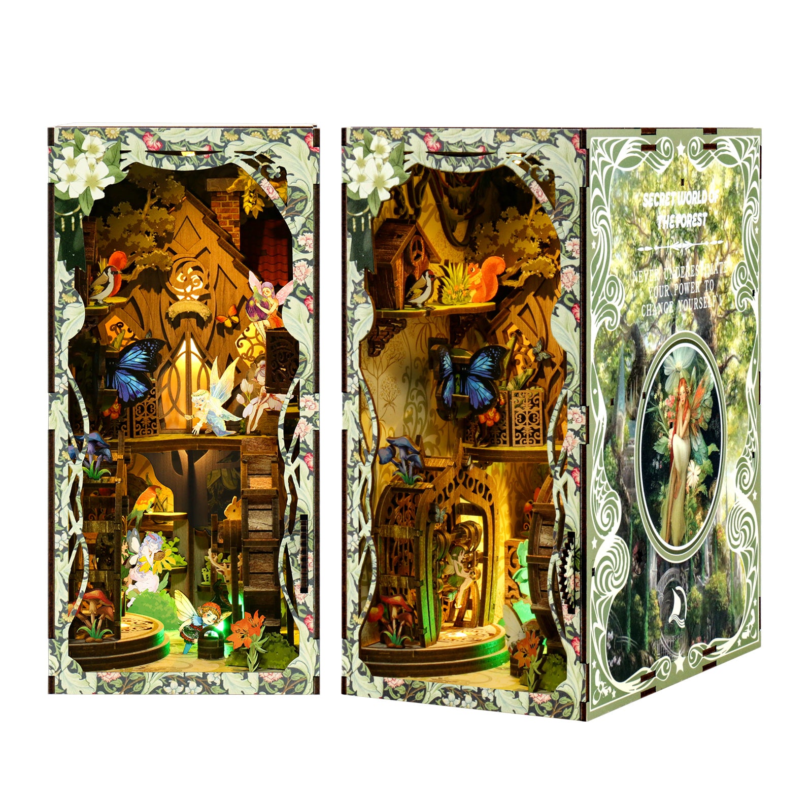 DIY book nook kit box trio view: front and side panels with forest scene display window